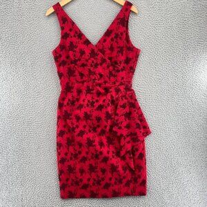 Voodoo Vixen Dress Womens Medium Red Floral Sheath Surplice Pleated Retro Pin Up